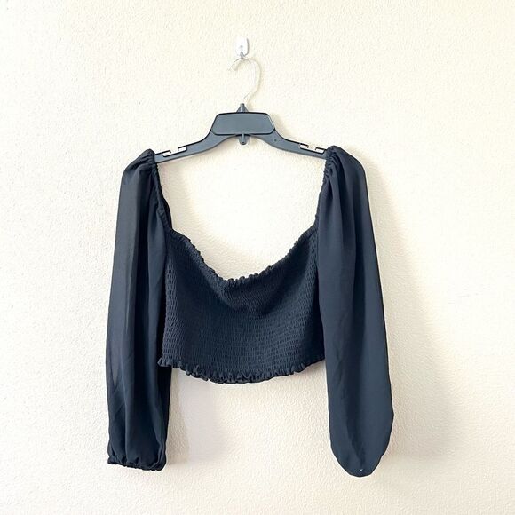 JustFab Square Neck Cropped Sheer Long Sleeve Top - Picture 1 of 5